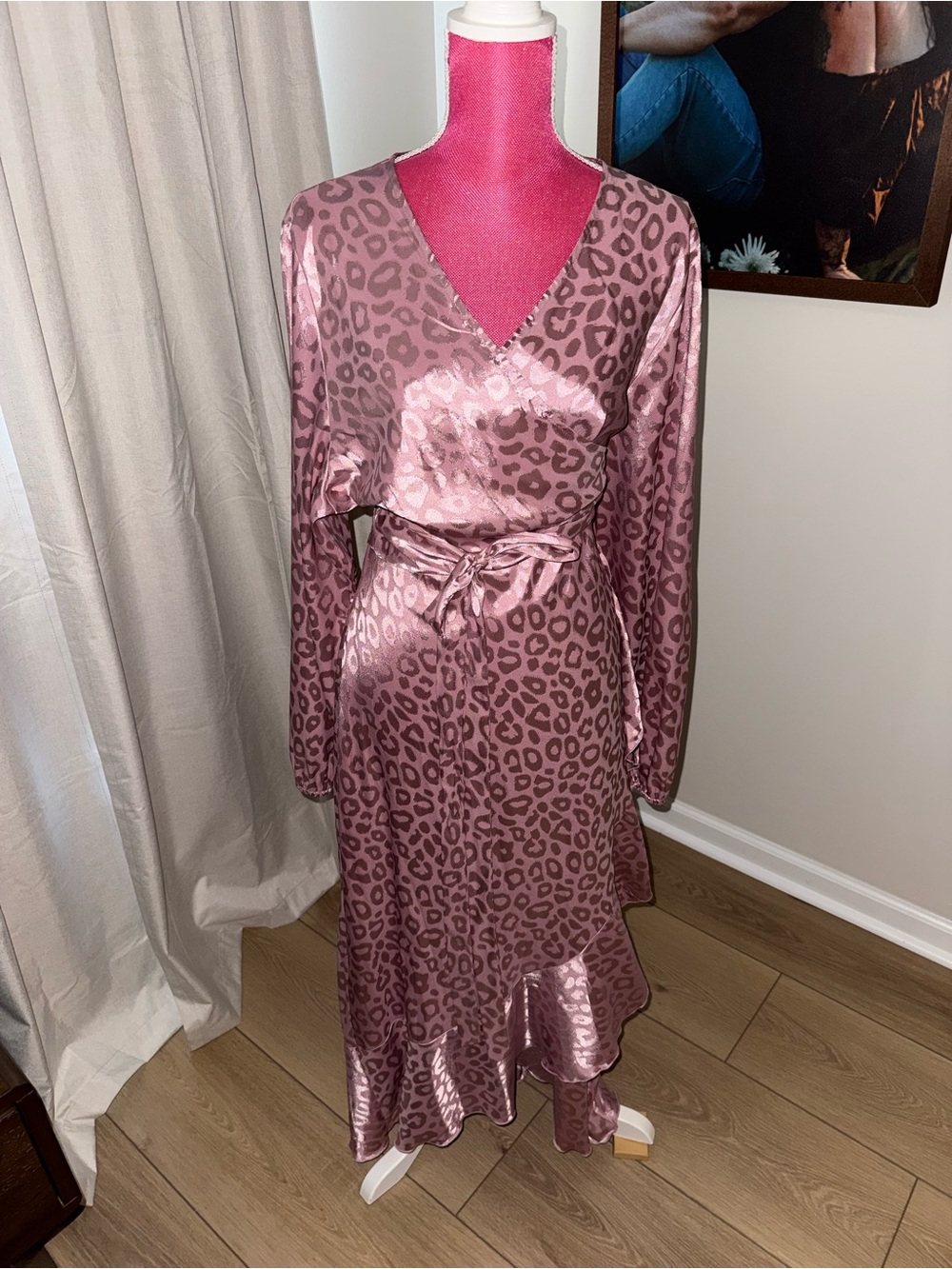 Satin Animal-Print Wrap Dress in Mauve Pink